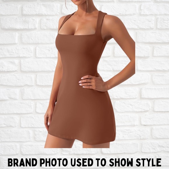 Quisen Dresses & Skirts - QINSEN Square Neck Brown Mini Dress Women's Size 4 Sleeveless Stretch Activewear
